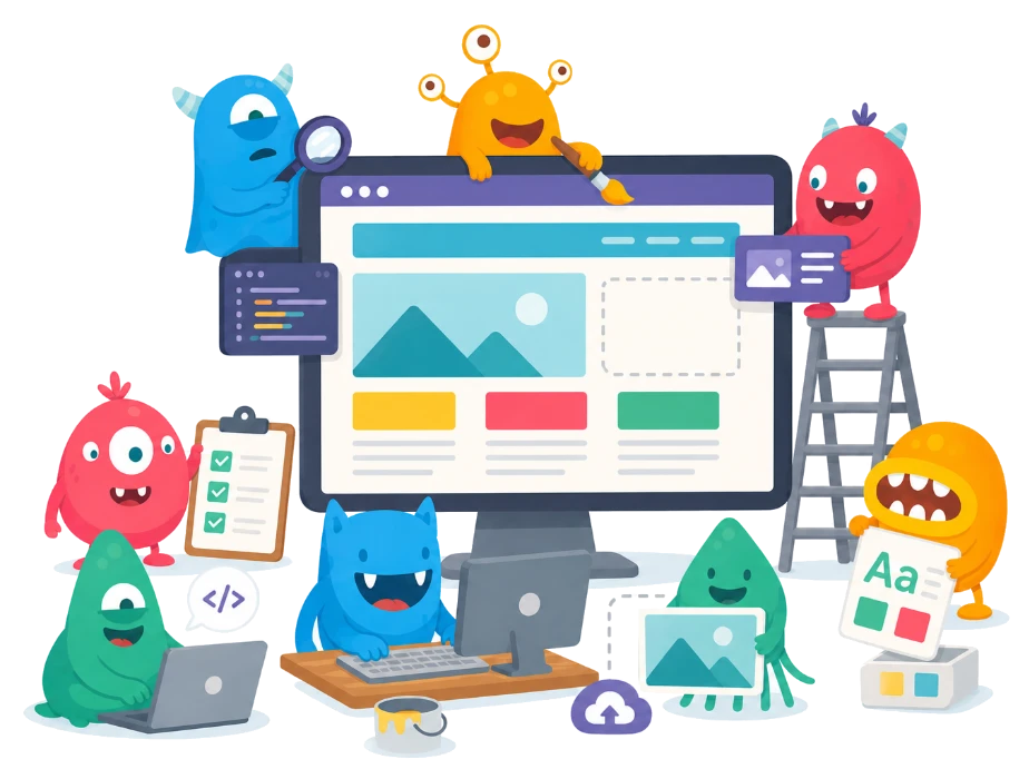 Colourful monsters working together to create a website on a screen