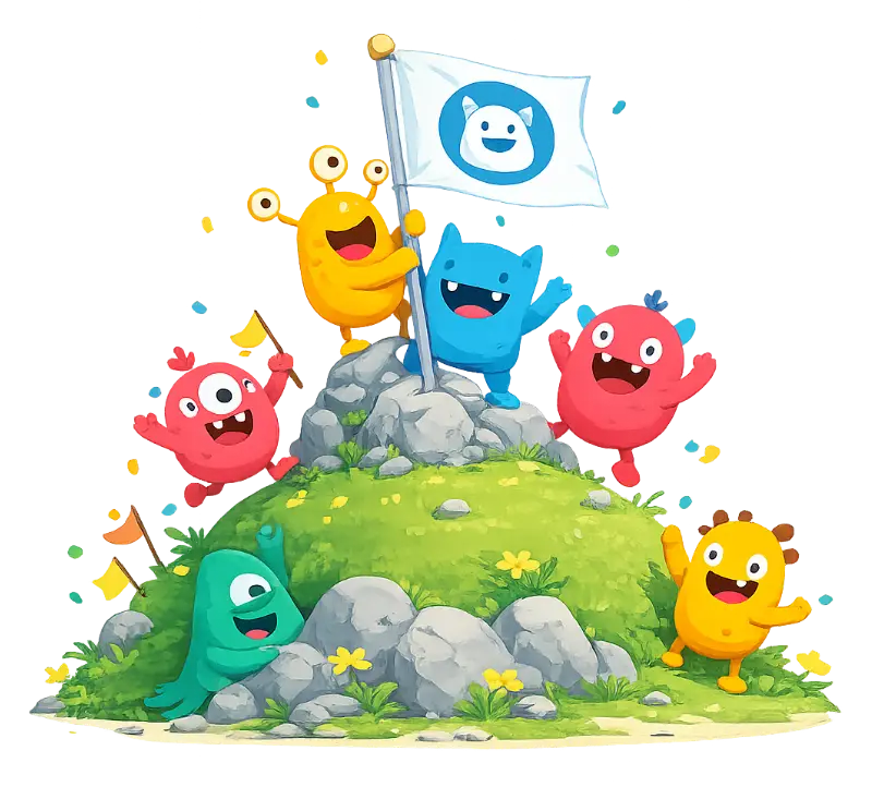Colourful monsters putting up a flag on top of a hill
